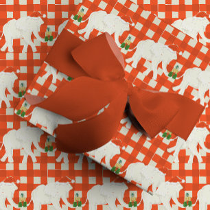 Papier Cadeau Fête de Noël Eléphant Blanc à Carreaux Rouges