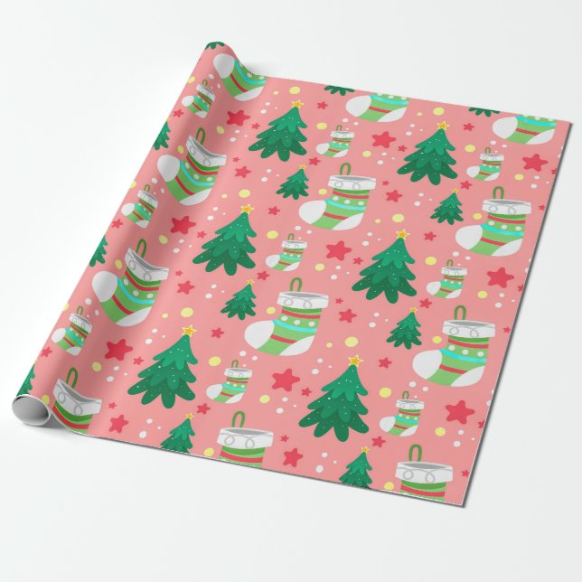 Papier Cadeau Fête de Noël Motif des étoiles Stockings Arbres (Déroulé)