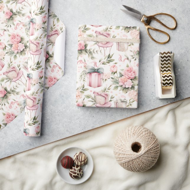 Papier Cadeau Fête des mariées aquarelle - roses roses et boîte  (Artisanat)