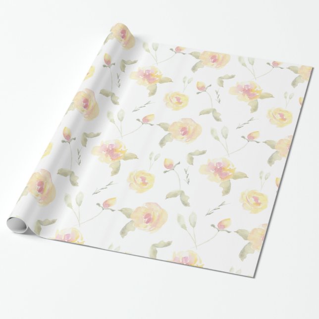 Papier Cadeau Fête des mariées Fleurs d'aquarelle jaune citron (Déroulé)