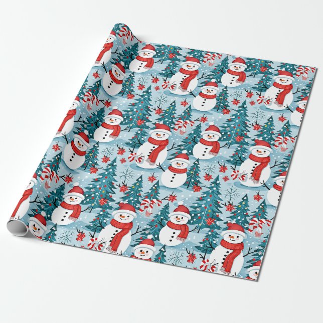 Papier Cadeau Fête des neigeurs de Noël bleu et rouge (Déroulé)