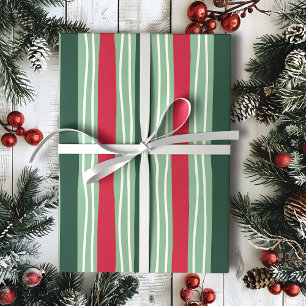 Papier Cadeau Fête dessiné à la main avec rayures rouges et vert
