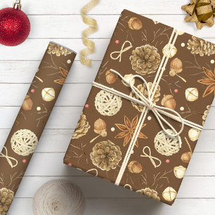 Papier Cadeau Fête rustique de campagne aquarelle cône de pin ma