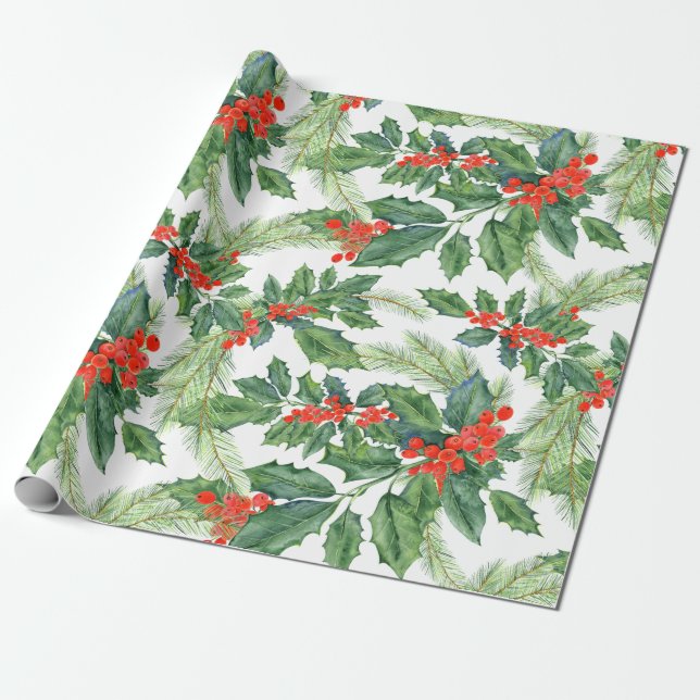 Papier Cadeau Fêtes de Noël Floral aux Baies Rouges (Déroulé)