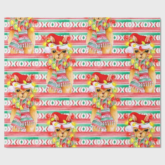 Papier Cadeau Fêtes de Noël Llama aquarelle motif (Plat)