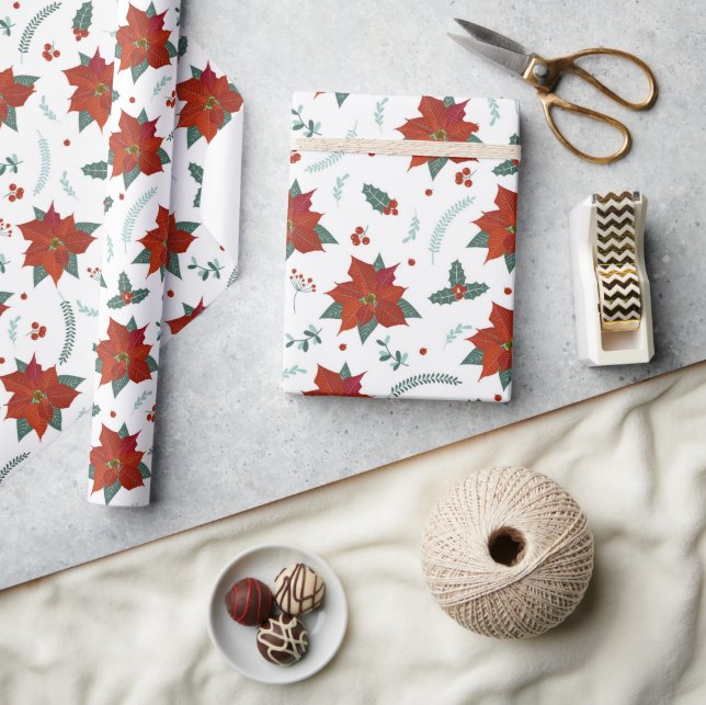 Papier Cadeau Fêtes de Noël Rouge Poinsettia Motif Floral (Artisanat)