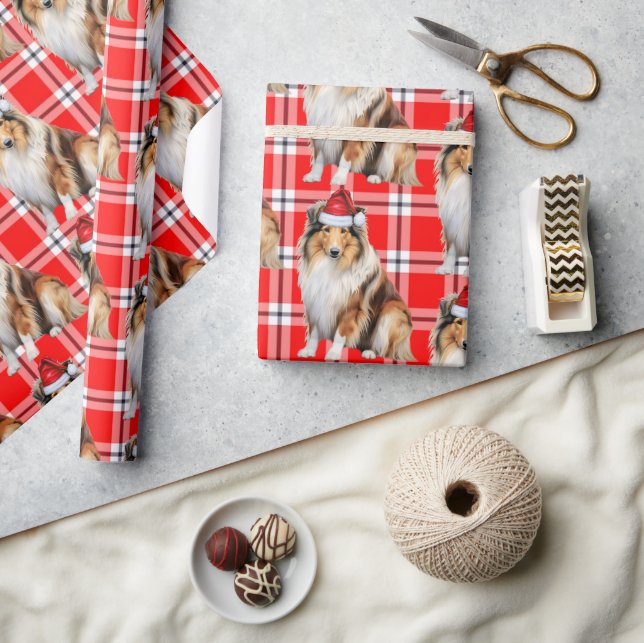 Papier Cadeau Fêtes Rouge Plaid Collie Père Noël Chien Noël (Artisanat)