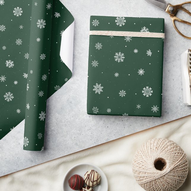 Papier Cadeau Fêtes vertes de neige (Snowflakes Green Holiday Wrapping Paper
)