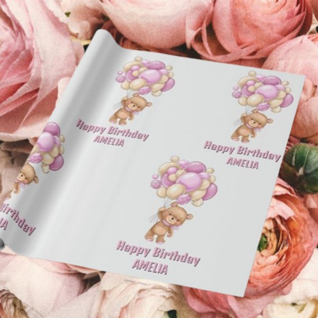 Papier Cadeau Fêtons l'anniversaire de la fille (Transform your gifts into joyful masterpieces with our modern teddy bear wrapping paper! )