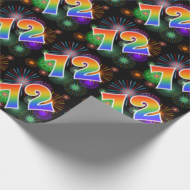 Papier Cadeau Feu d'artifice coloré + Motif arc-en-ciel "72" Num (Coin)