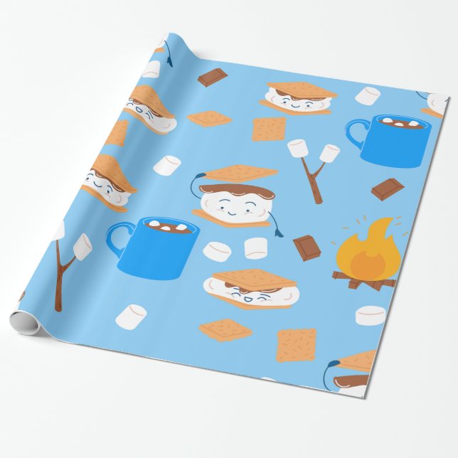 Papier Cadeau feu de camp marshmallow chocolat smorate bleu (Déroulé)