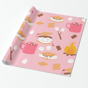 Papier Cadeau feu de camp marshmallow chocolat smores rose