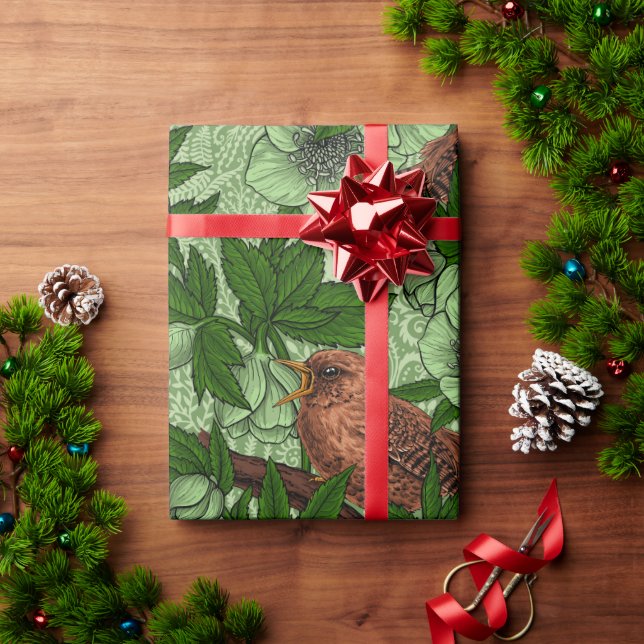 Papier Cadeau Feu et hellebore, vert clair (Cadeau de vacances)