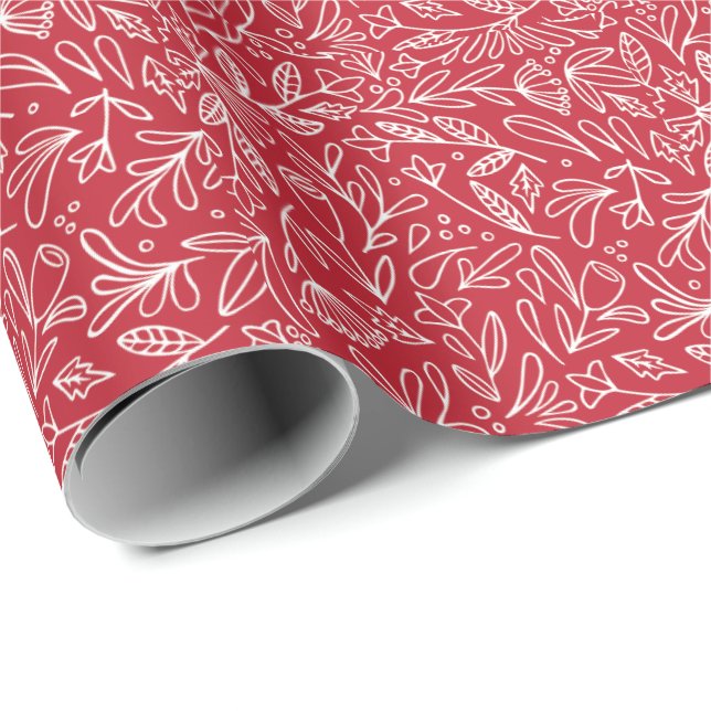 Papier Cadeau Feuillage blanc et rouge esquissé/conception flora (Coin rond)
