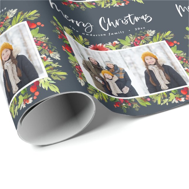 Papier Cadeau Feuillage d'aquarelle traditionnel + noël photo (Coin rond)