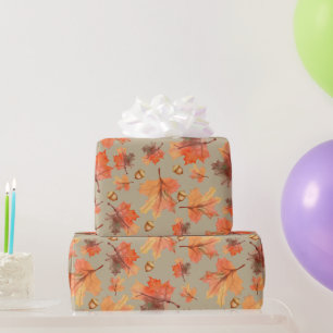 Papier Cadeau Feuillage d'automne - Orange Feuille et Acorns
