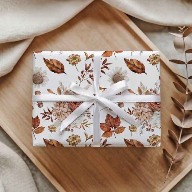 Papier Cadeau Feuillage de automne floral en terre cuite rouille (Créateur téléchargé)