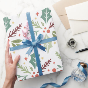 Papier Cadeau Feuillage de baies de Noël moderne