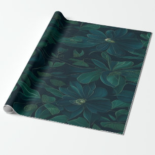 Papier Cadeau Feuillage enchanté : Feuilles verts sur bleu foncé
