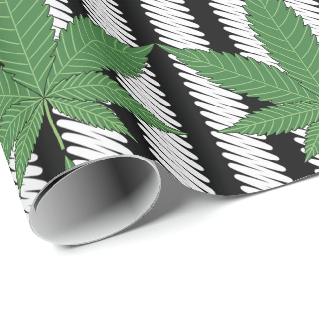 Papier Cadeau Feuille de mauvaises herbes vert sur bande blanche (Coin rond)
