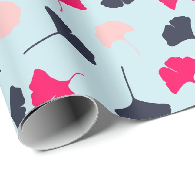 Papier Cadeau Feuille de Navy Blue, Pink, Light Blue Ginkgo (Coin rond)