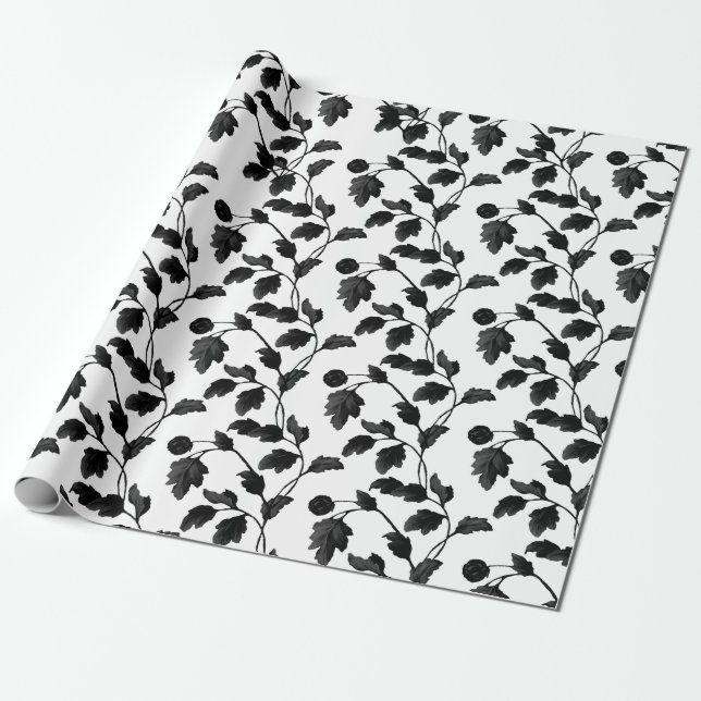 Papier Cadeau Feuille Noire Et Toile Florale Tige (Déroulé)