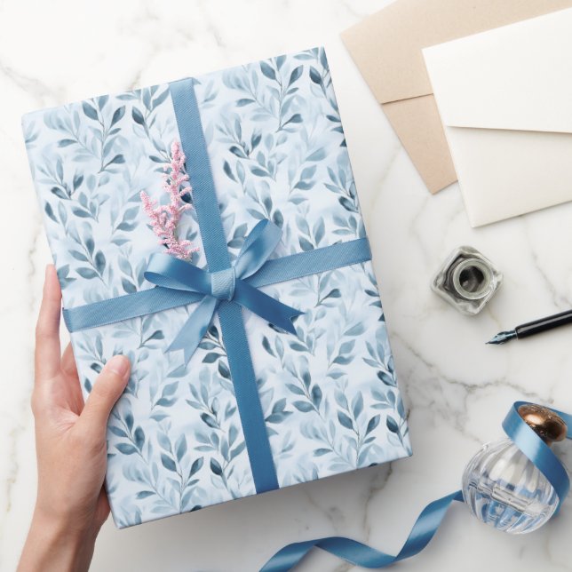 Papier Cadeau Feuilles Bleu/Gris Aquarelle  (Cadeaux)