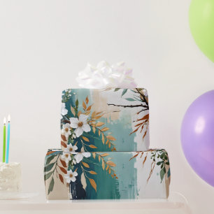 Papier Cadeau Feuilles colorés Floral Abstrait Turquoise bleu ro