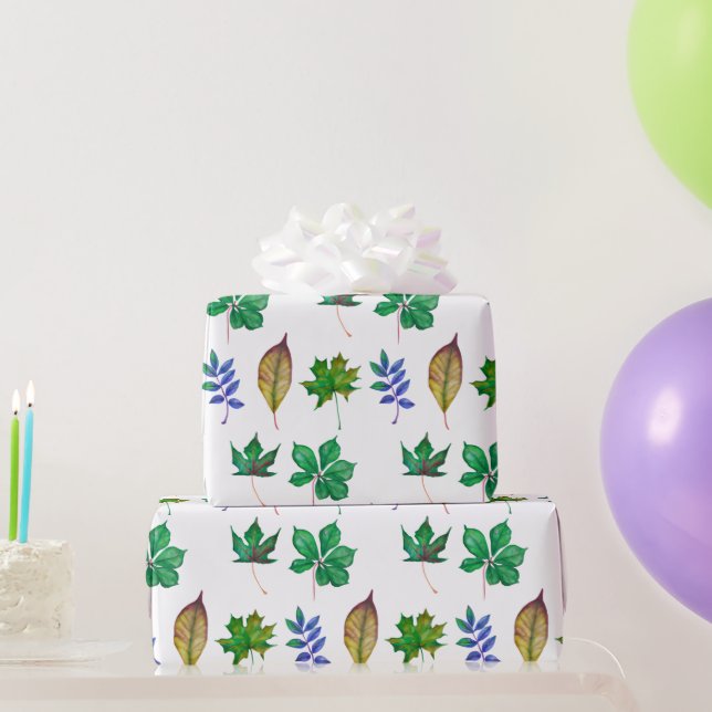 Papier Cadeau Feuilles d'aquarelle vert et bleu (Cadeaux de fête)
