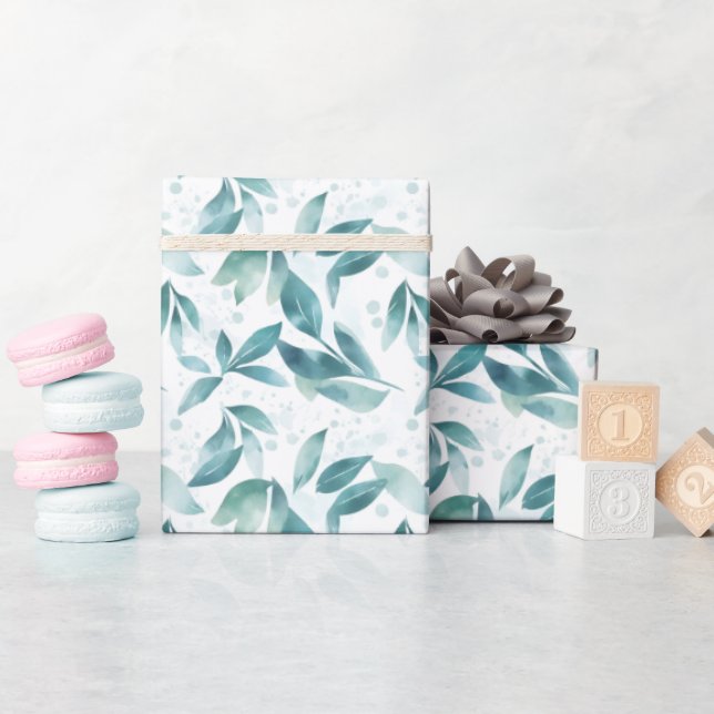 Papier Cadeau Feuilles d'aquarelle verte sur blanc (Baby Shower)