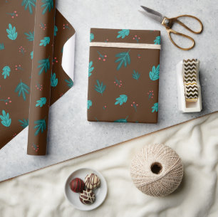 Papier Cadeau Feuilles d'arbre persistantes & Baies de houx roug