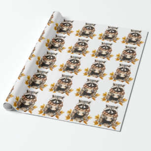 Papier Cadeau Feuilles d'automne confortable raccoon avec tasse 