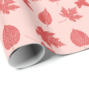 Papier Cadeau Feuilles d'automne - corail orange et rose