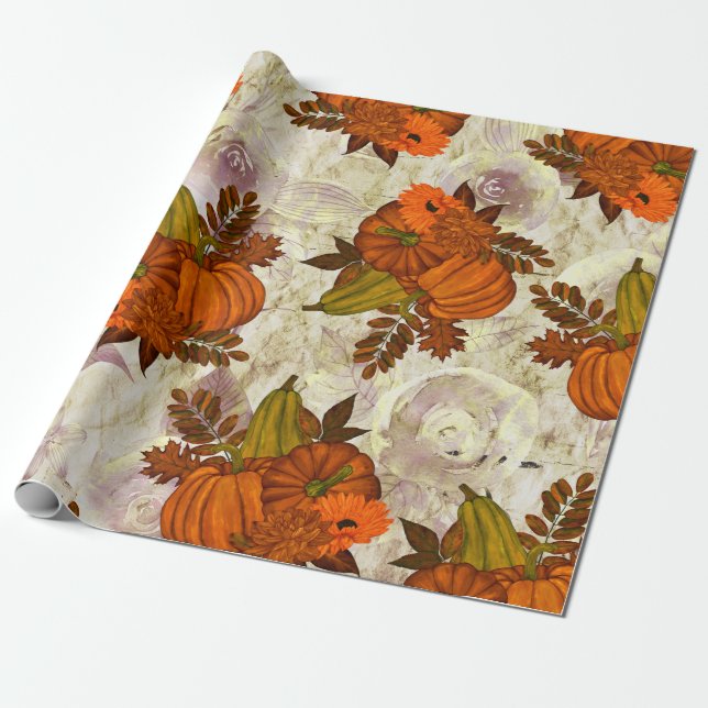 Papier Cadeau Feuilles d'automne et Motif d'automne Citrouille   (Déroulé)