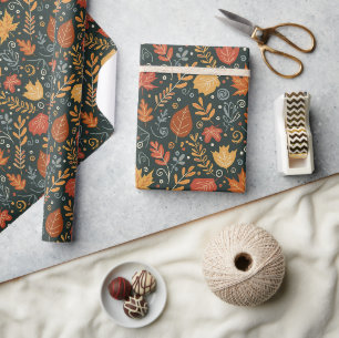 Papier Cadeau Feuilles d'automne fantaisistes Boho sur fond noir