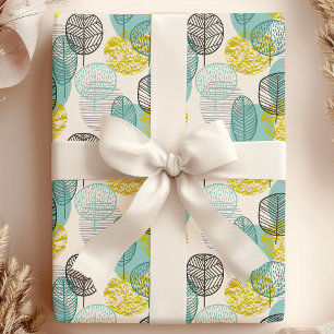 Papier Cadeau Feuilles d'automne sarcelle et or