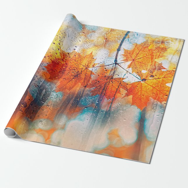 Papier Cadeau feuilles d'automne sur texture de verre pluvieux.  (Déroulé)