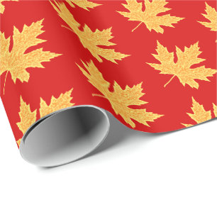 Papier Cadeau Feuilles de chêne - rouge profond et safran