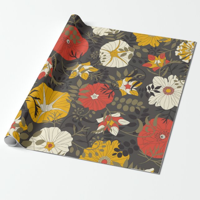 Papier Cadeau feuilles de dessins animés et fleurs sur un arrièr (Déroulé)