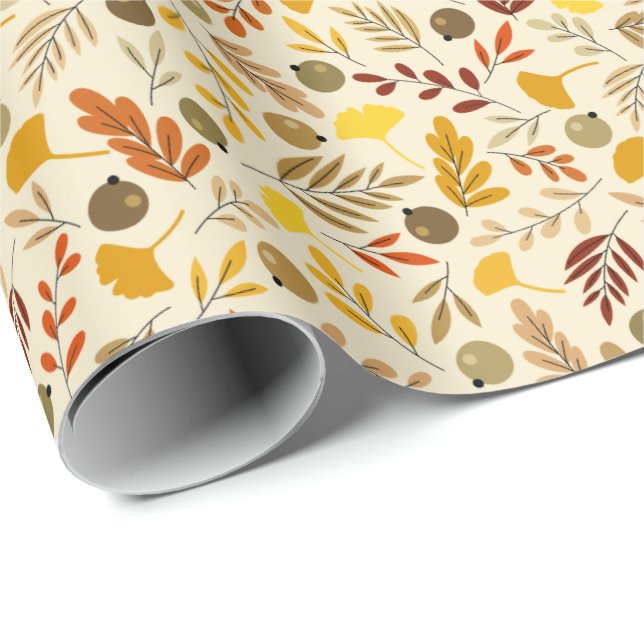 Papier Cadeau Feuilles de Fall Ginkgo et Motif d'olive (Coin rond)