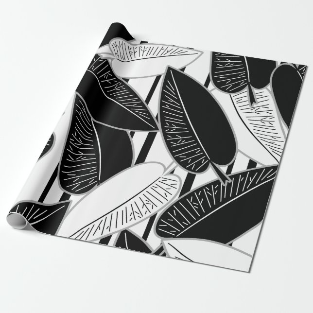 Papier Cadeau Feuilles de ficus noir moderne abstrait rayé p (Déroulé)