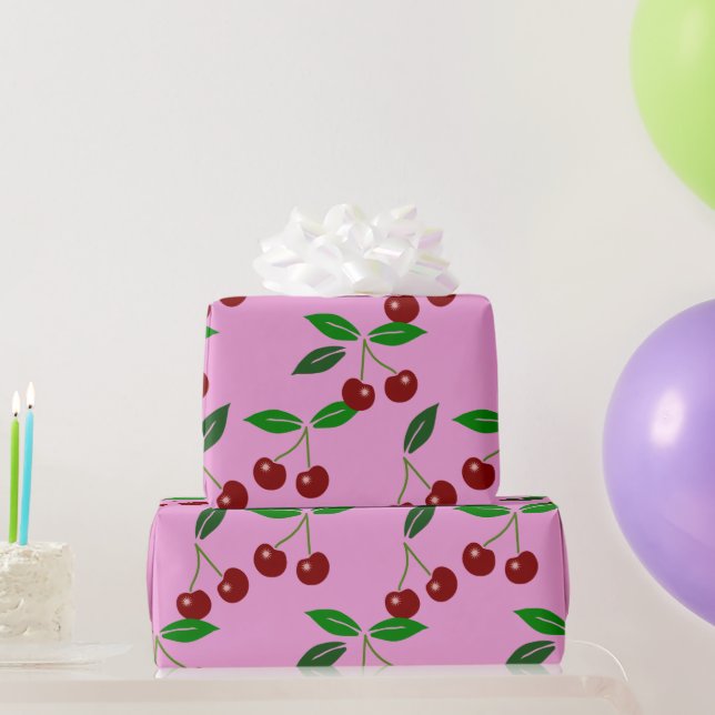 Papier Cadeau Feuilles de fruits de cerise rose classique Choisi (Cadeaux de fête)