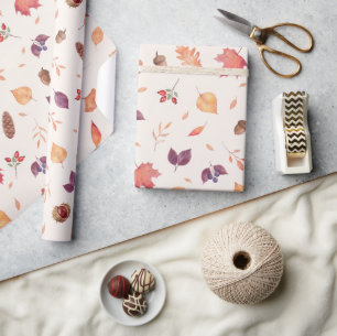 Papier Cadeau Feuilles de peinture à l'eau et motif de glands au