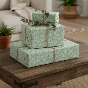 Papier Cadeau Feuilles d'Ivoire Ecru sur Fond Vert Sauge avec Mo