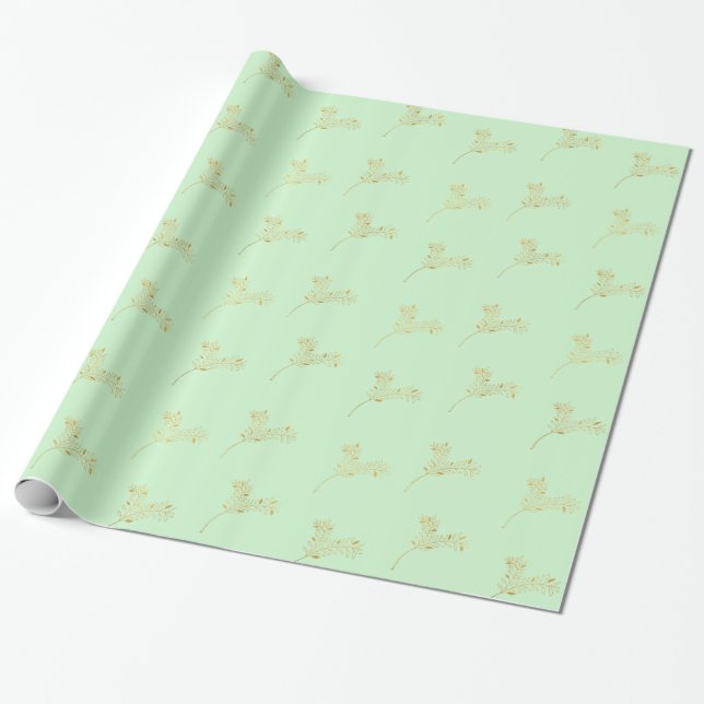 Papier Cadeau Feuilles Mint Gold (Déroulé)