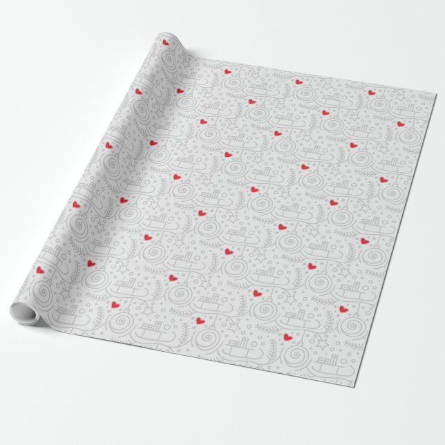 Papier Cadeau Feuilles, Ornements Et Coeurs Enveloppant Du Papie (Déroulé)