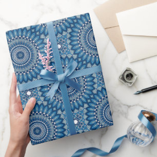Papier Cadeau Feuilles papier Mandala enveloppant Cercle Bleu