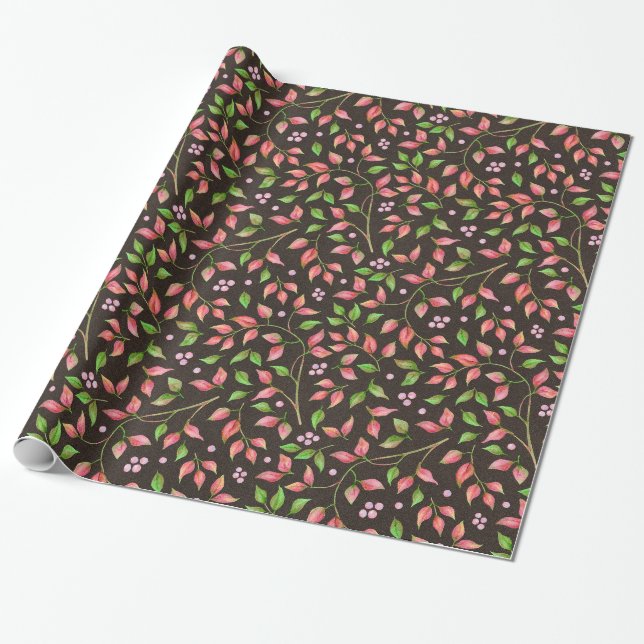 Papier Cadeau Feuilles rouges et baies (Déroulé)