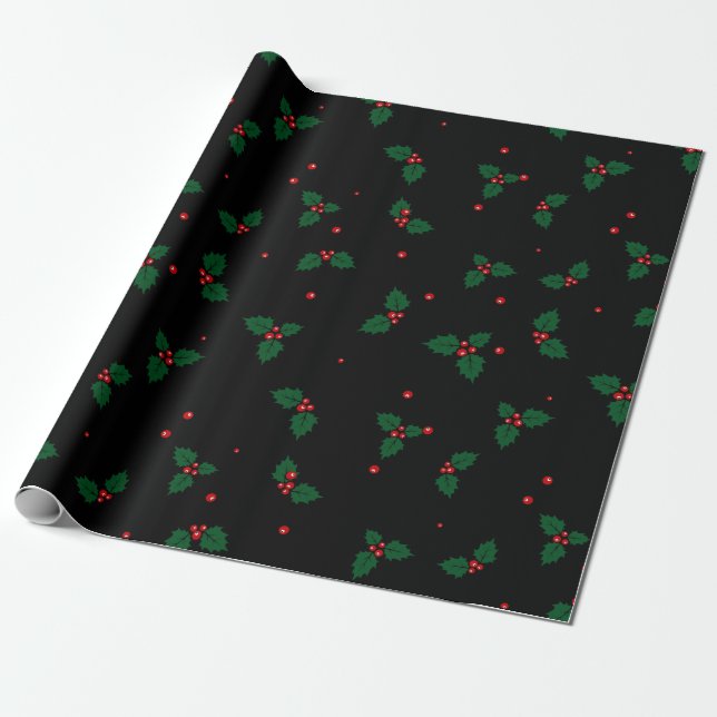 Papier Cadeau Feuilles saints classiques et baies motif de Noël (Déroulé)