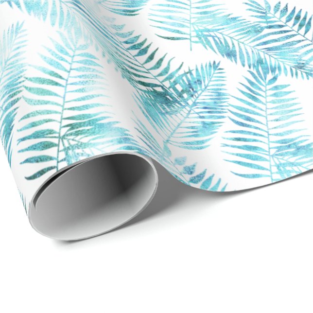 Papier Cadeau Feuilles tropicaux Aqua Blue (Coin rond)